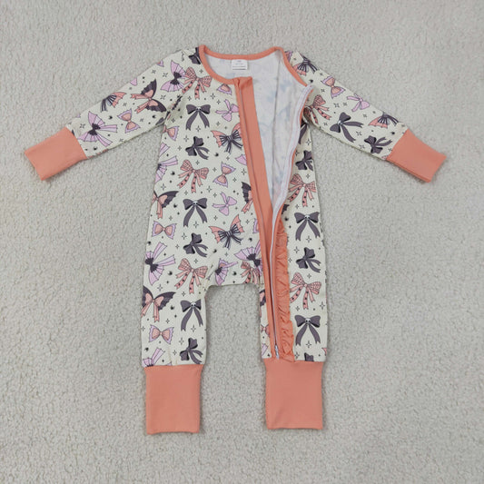 Baby Girls Ghost Bows Spiders Halloween Two Way Ruffle Zip Convertible Romper