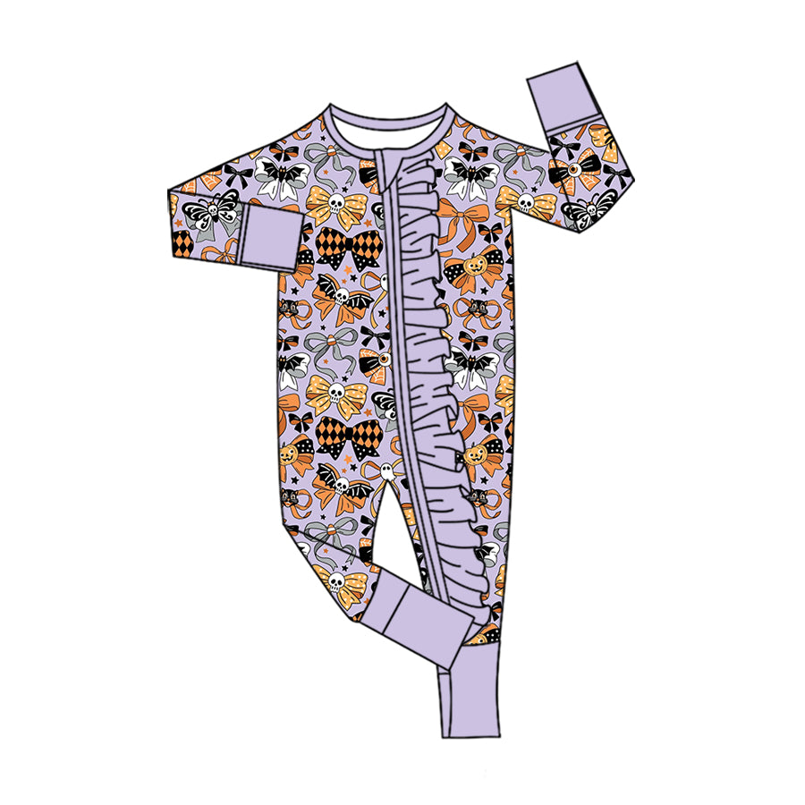 Baby Girls Ghosts Bows Halloween Two Way Ruffle Zip Convertible Romper Preorder