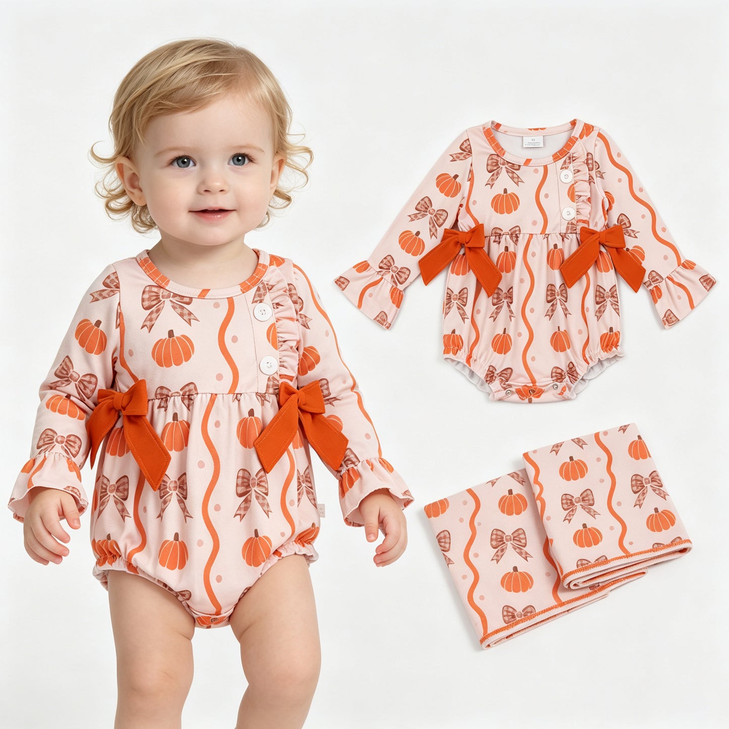 Baby Girls Long Sleeve Pumpkins Bows Fall Button Ruffle Romper
