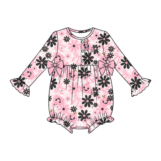 Baby Girls Long Sleeve Ghost Pumpkins Bows Halloween Button Ruffle Romper Preorder