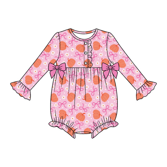 Baby Girls Long Sleeve Flowers Pumpkins Bows Fall Button Ruffle Romper Preorder