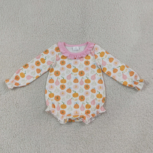 Baby Girls Long Sleeve Pumpkins Bows Fall Ruffle Rompers