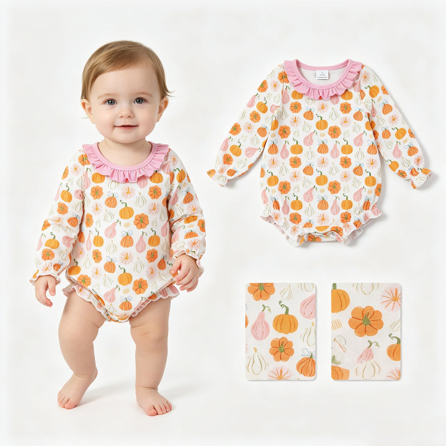 Baby Girls Long Sleeve Pumpkins Bows Fall Ruffle Rompers