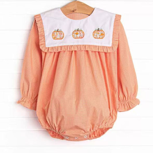 Preorder moq 5 Baby Girls Long Sleeve Pumpkins Fall Ruffle Rompers