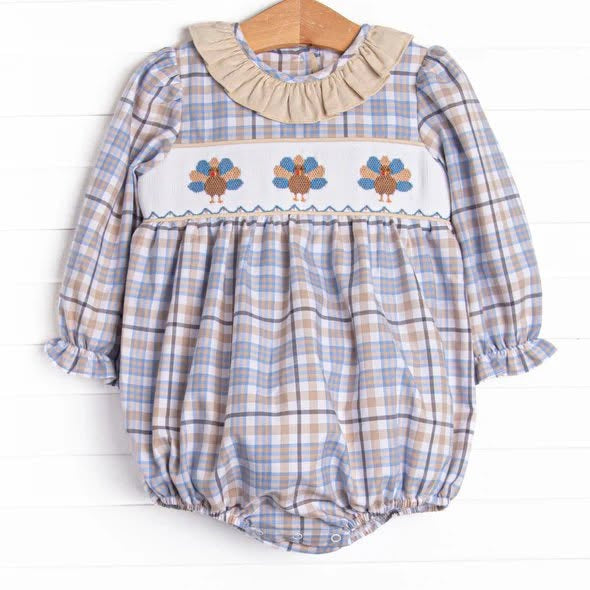 Preorder moq 5 Baby Girls Long Sleeve Turkey Thanksgiving Checked Ruffle Rompers