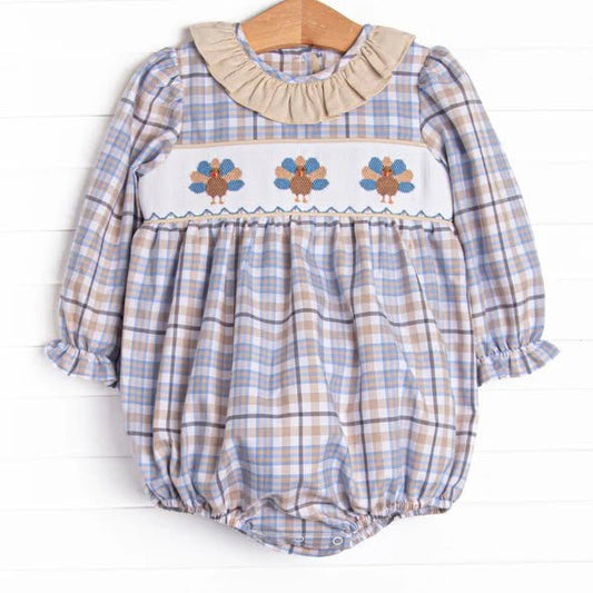 Preorder moq 5 Baby Girls Long Sleeve Turkey Thanksgiving Checked Ruffle Rompers