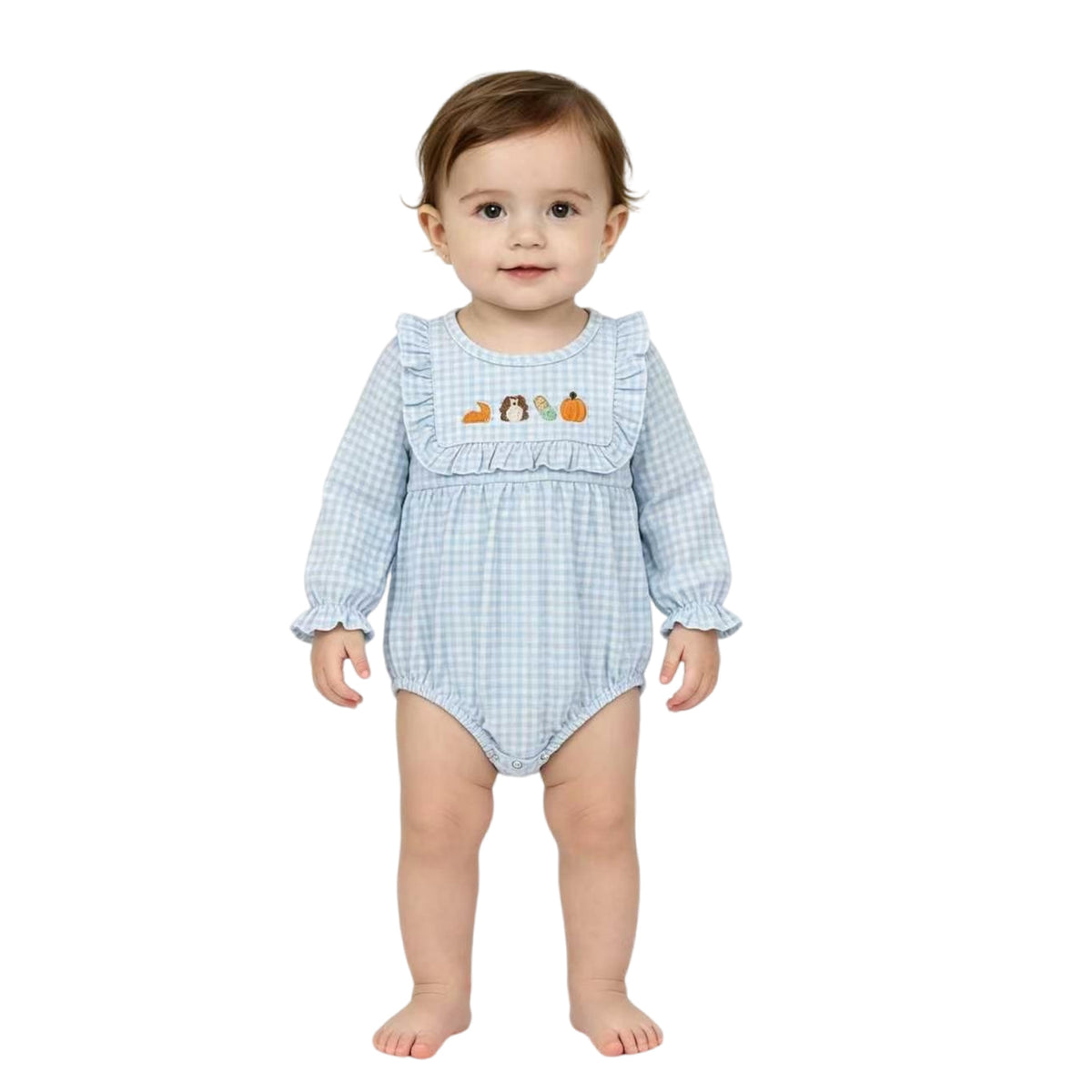 Embroidery Turkey Pumpkins Baby Girls Thanksgiving Ruffle Rompers
