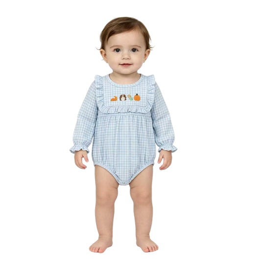 Embroidery Turkey Pumpkins Baby Girls Thanksgiving Ruffle Rompers