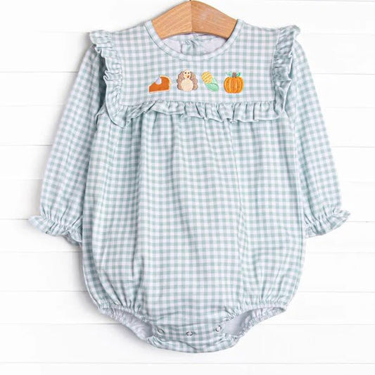 Preorder moq 5 Baby Girls Long Sleeve Turkey Pumpkins Thanksgiving Checked Ruffle Rompers