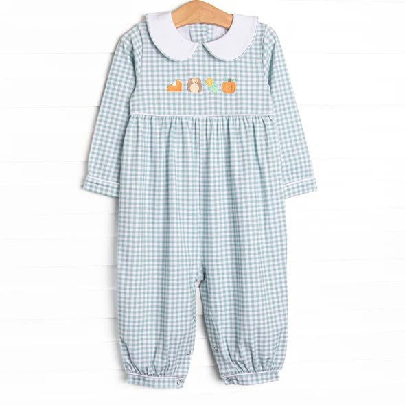 Preorder moq 5 Baby Boys Long Sleeve Turkey Pumpkins Thanksgiving Checked Rompers