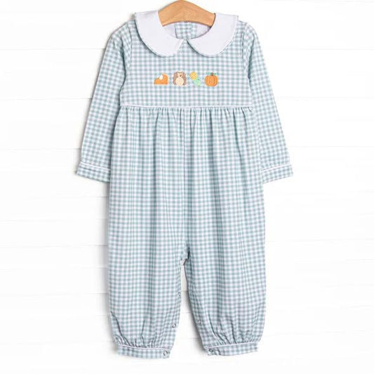 Preorder moq 5 Baby Boys Long Sleeve Turkey Pumpkins Thanksgiving Checked Rompers
