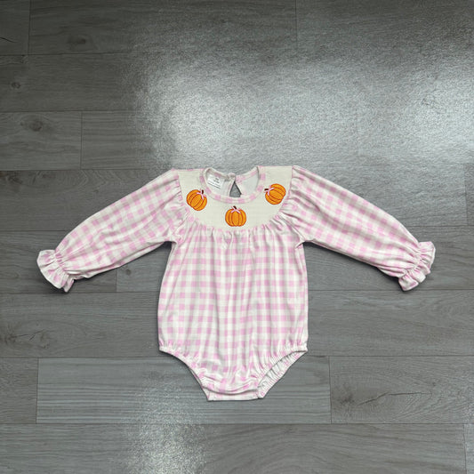 Smocked Pumpkins Baby Girls Pink Checked Fall Ruffle Rompers Preorder