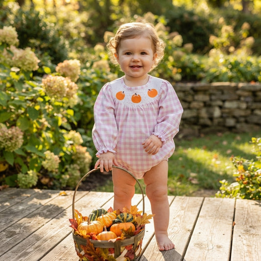 Smocked Pumpkins Baby Girls Pink Checked Fall Ruffle Rompers