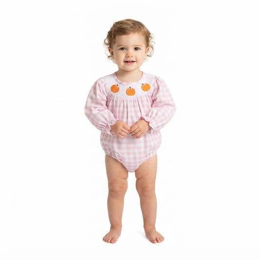 Smocked Pumpkins Baby Girls Pink Checked Fall Ruffle Rompers