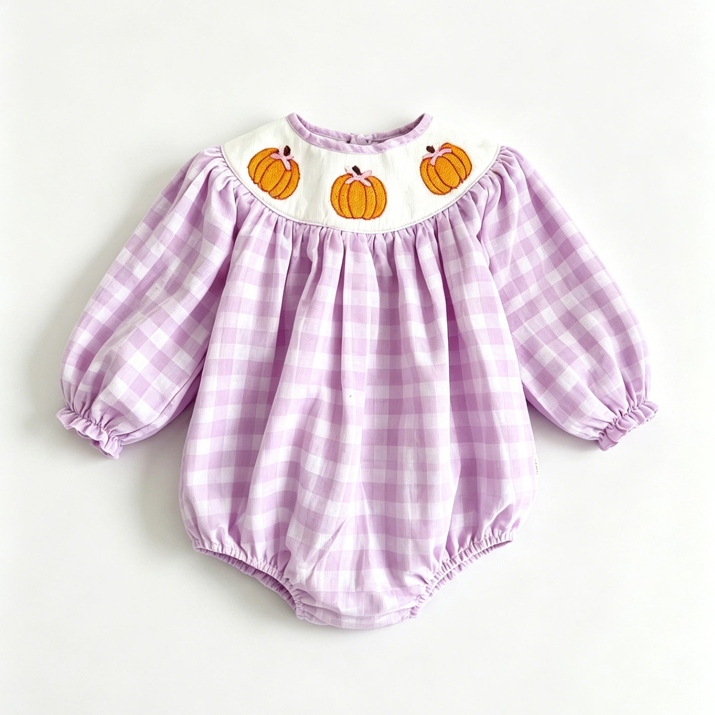 Preorder moq 5 Baby Girls Pink Checked Pumpkins Fall Ruffle Rompers