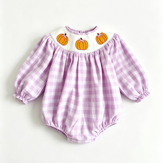 Preorder moq 5 Baby Girls Pink Checked Pumpkins Fall Ruffle Rompers