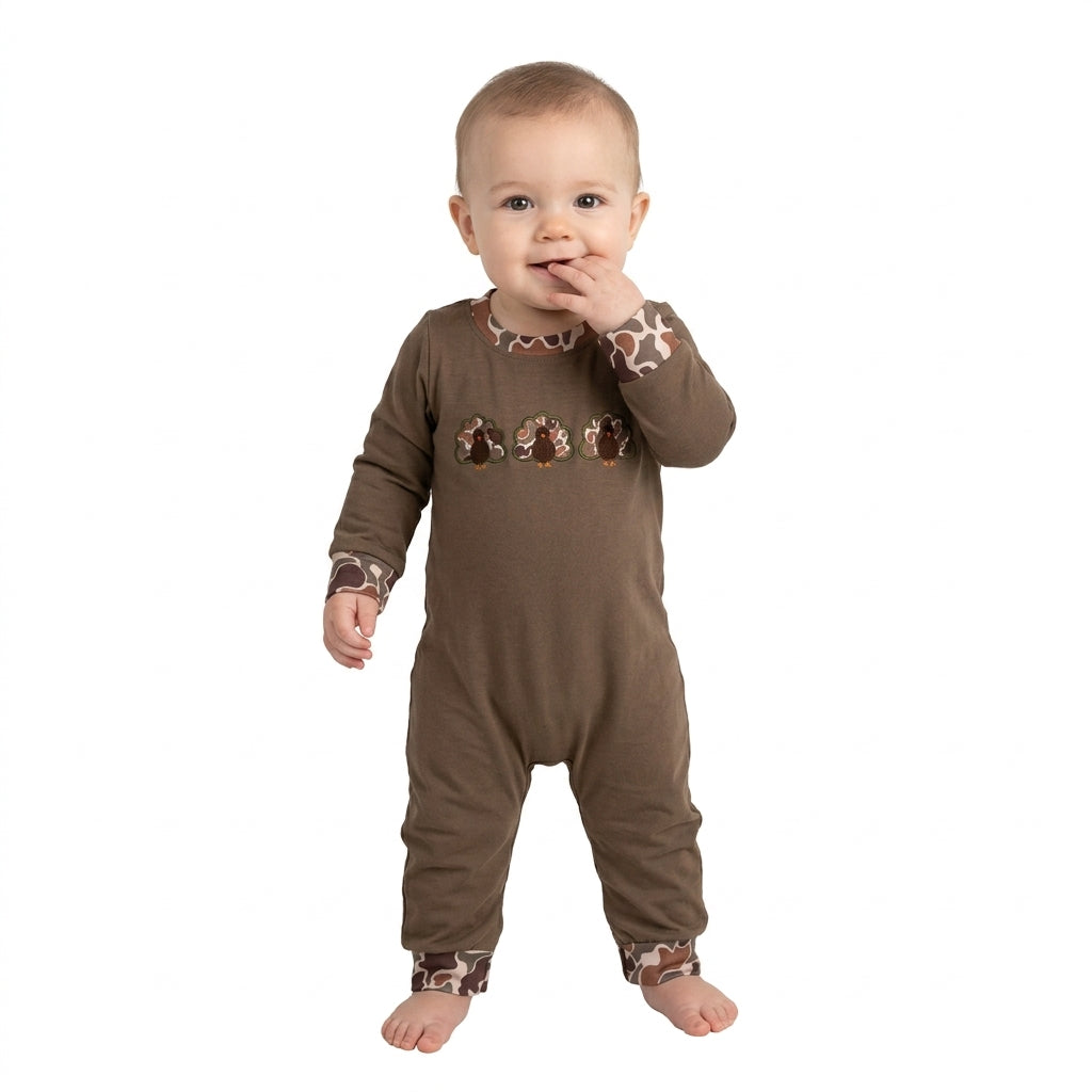 Embroidery Turkey Baby Boys Brown Camo Thanksgiving Pant Rompers