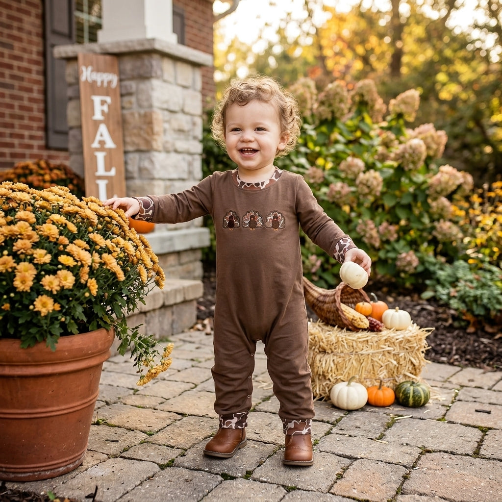 Embroidery Turkey Baby Boys Brown Camo Thanksgiving Pant Rompers