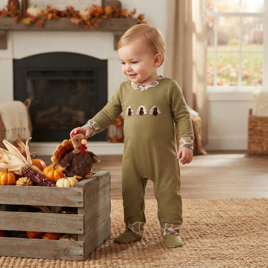 Embroidery Camo Turkey Baby Boys Thanksgiving Pant Rompers