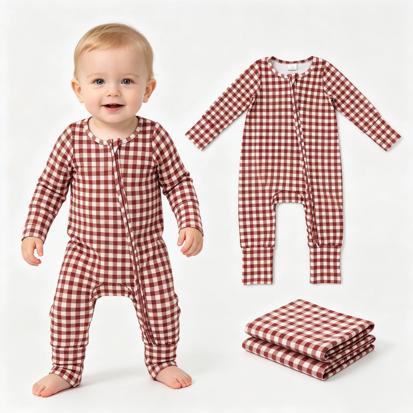 Baby Boys Khaki Checked Fall Two Way Zip Convertible Rompers