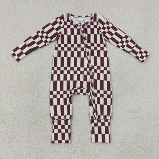 Baby Boys Maroon Checked Fall Two Way Zip Convertible Rompers