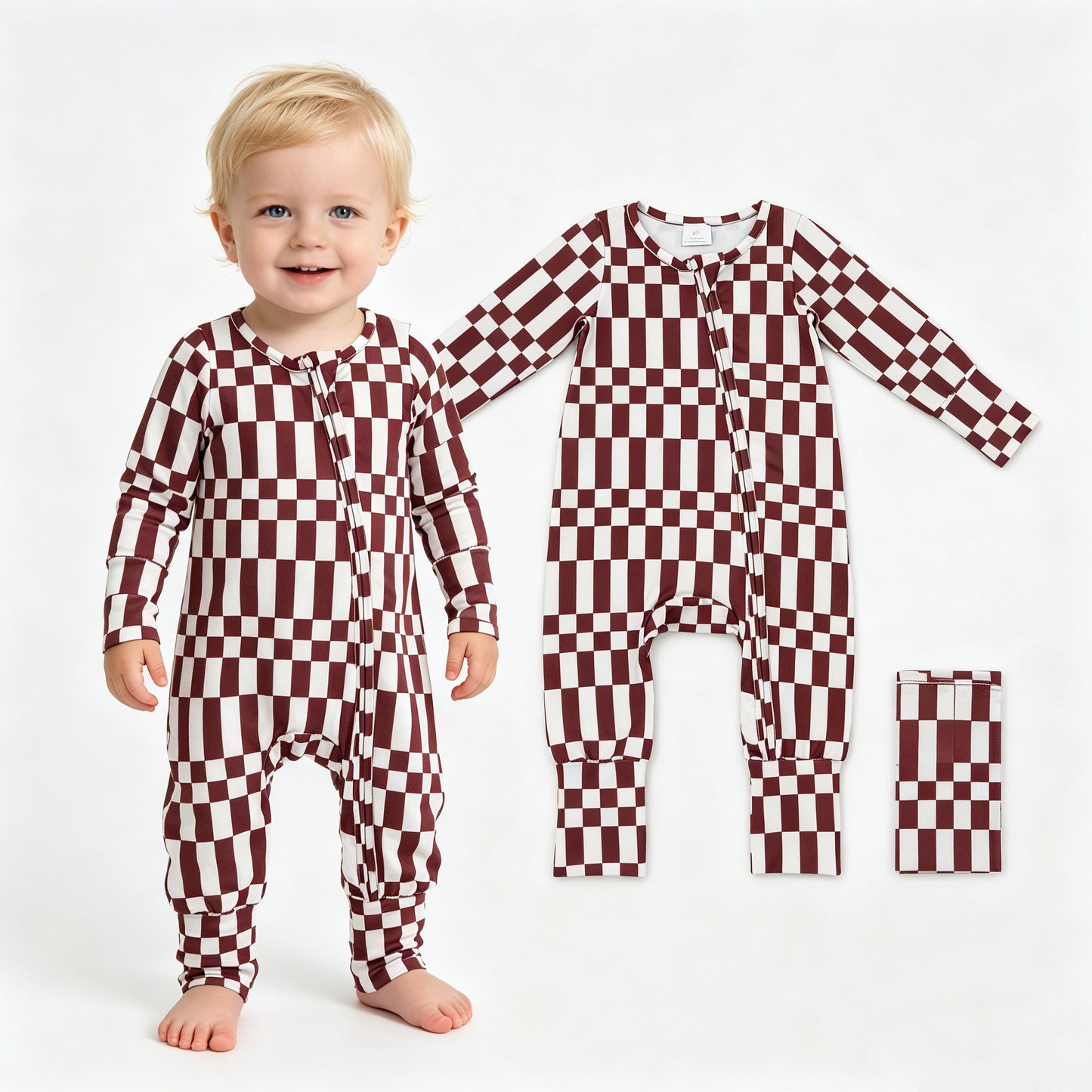 Baby Boys Maroon Checked Fall Two Way Zip Convertible Rompers