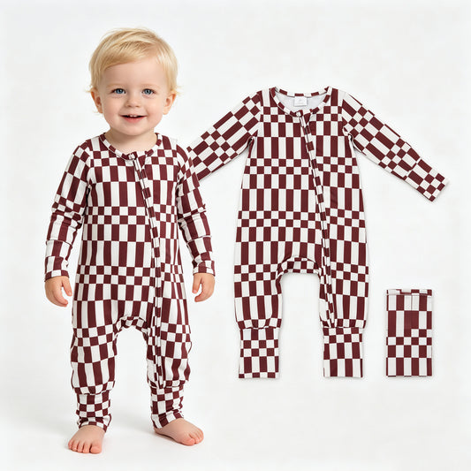 Baby Boys Maroon Checked Fall Two Way Zip Convertible Rompers