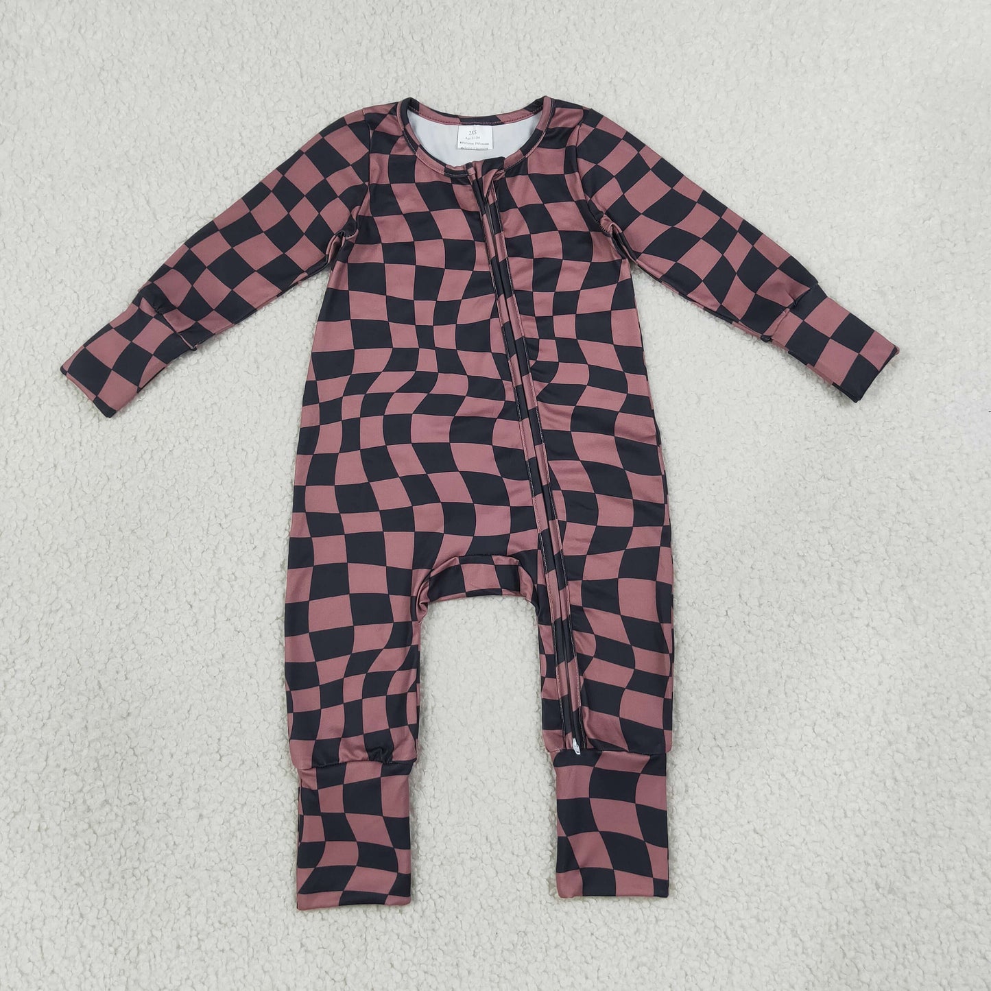 Baby Boys Brown Black Warped Checkerboard Print Fall Two Way Zip Convertible Rompers