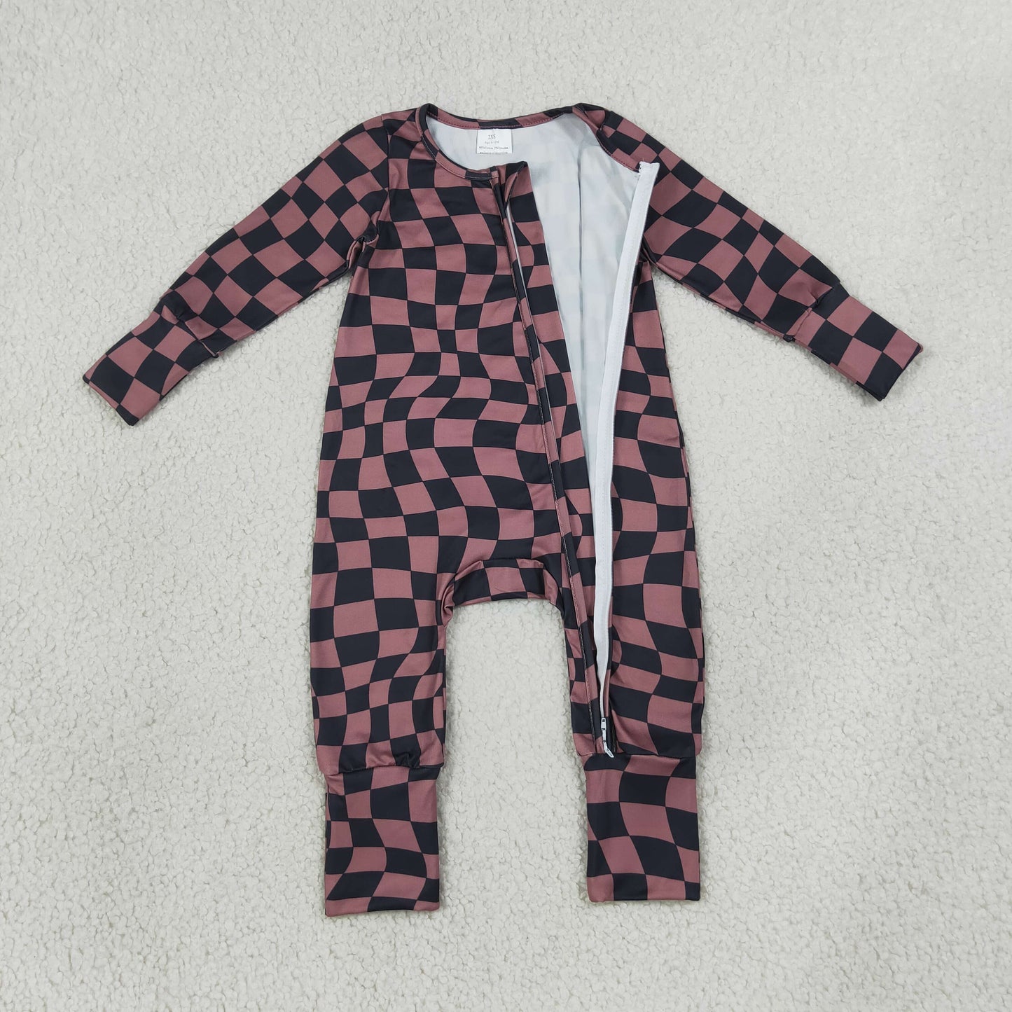 Baby Boys Brown Black Warped Checkerboard Print Fall Two Way Zip Convertible Rompers