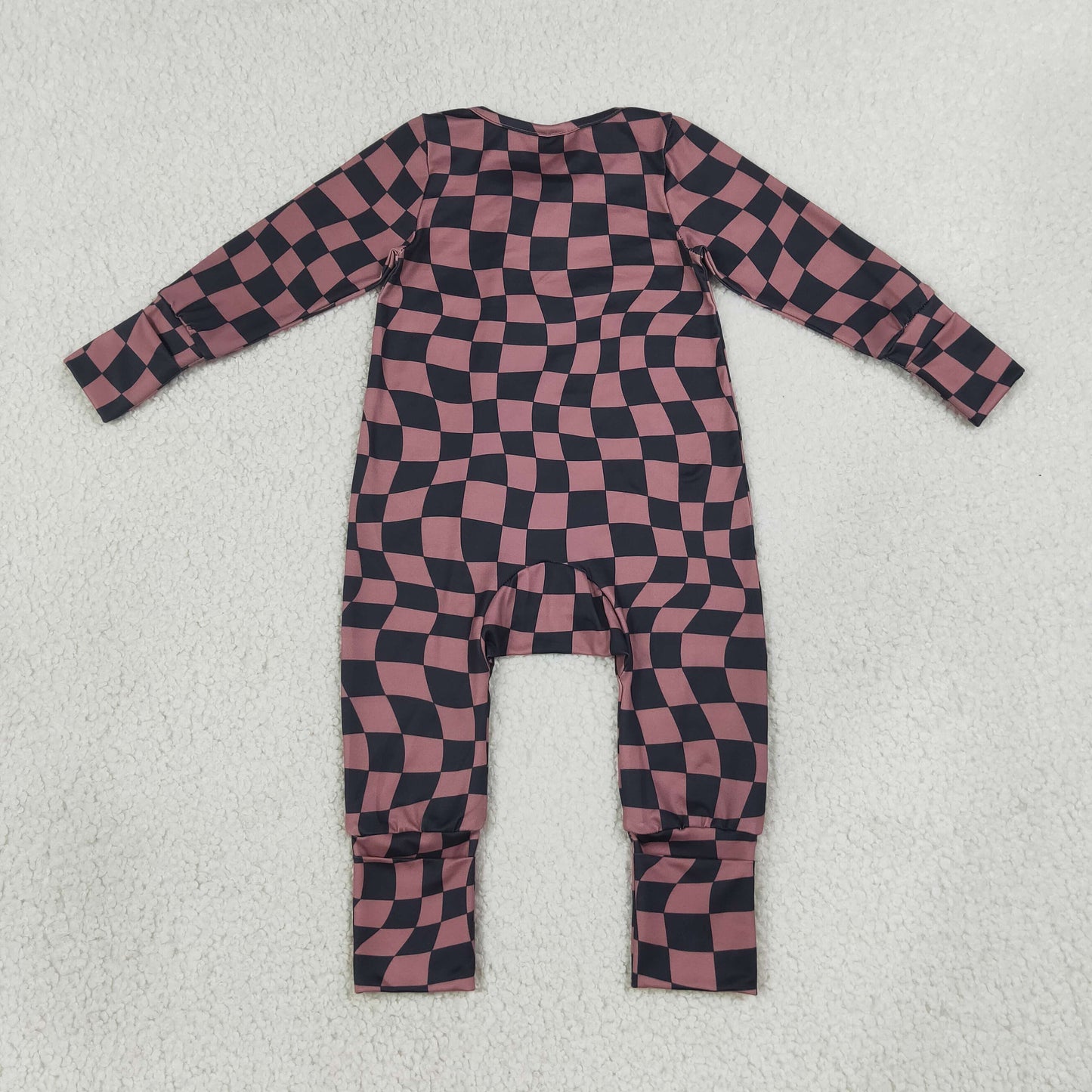 Baby Boys Brown Black Warped Checkerboard Print Fall Two Way Zip Convertible Rompers