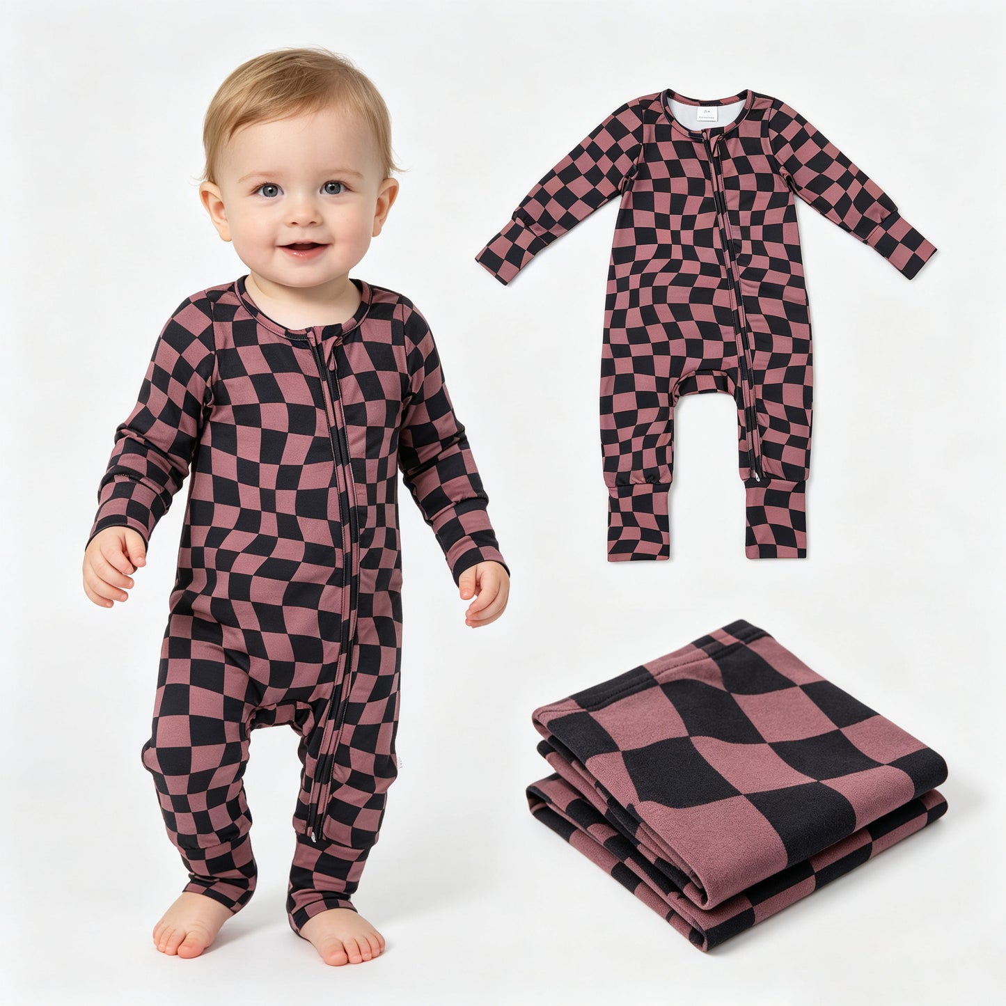 Baby Boys Brown Black Warped Checkerboard Print Fall Two Way Zip Convertible Rompers
