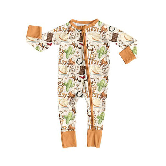 Preorder moq 5 Baby Boys Brown Bull Skulls Western Two Way Zip Convertible Rompers