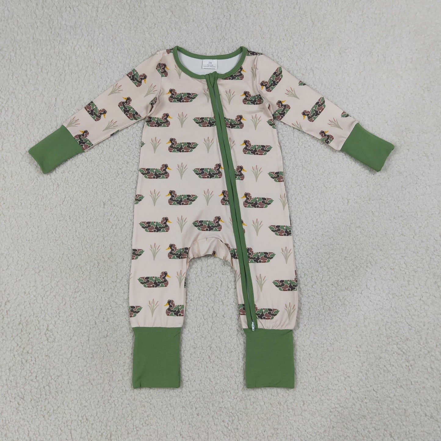 Sibling Baby Boys Green Camo Ducks Plaid Pant Hunting Pajamas Set Zip Rompers