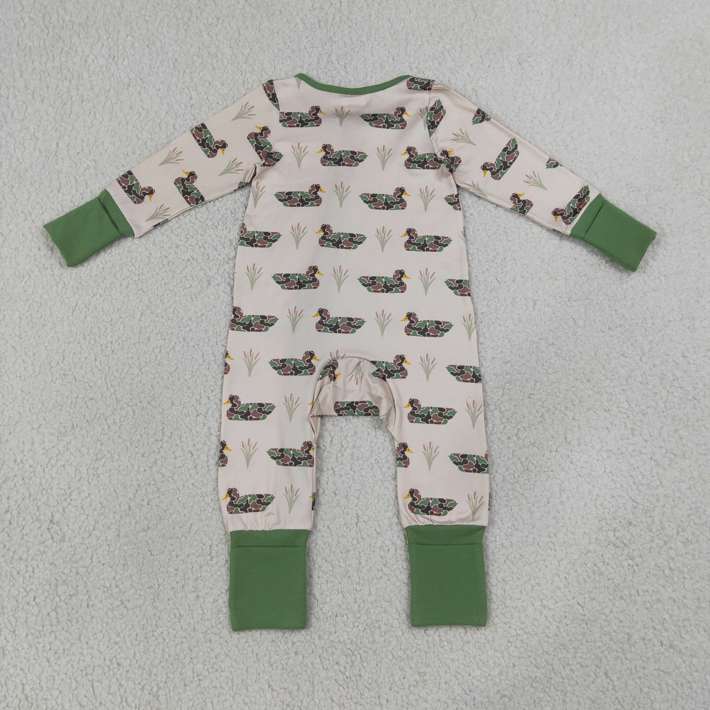 Sibling Baby Boys Green Camo Ducks Plaid Pant Hunting Pajamas Set Zip Rompers