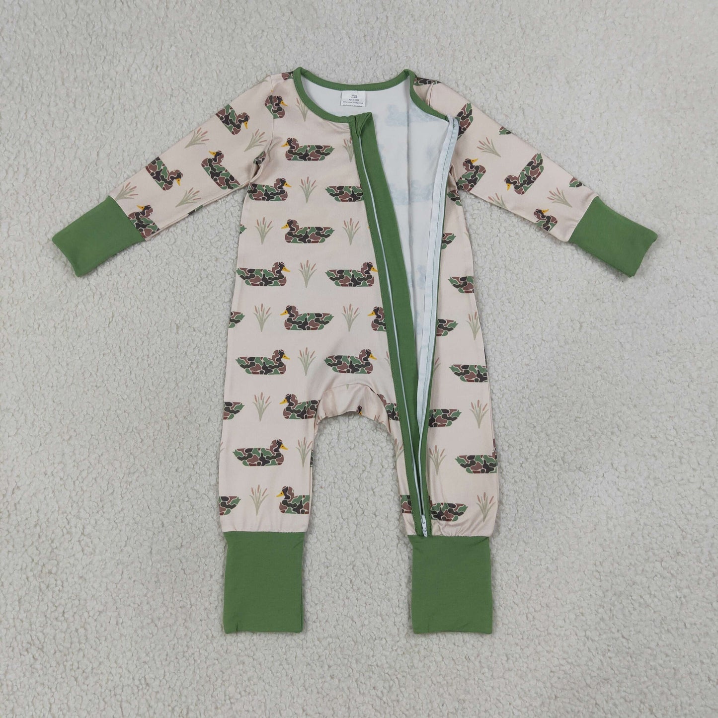 Sibling Baby Boys Green Camo Ducks Plaid Pant Hunting Pajamas Set Zip Rompers