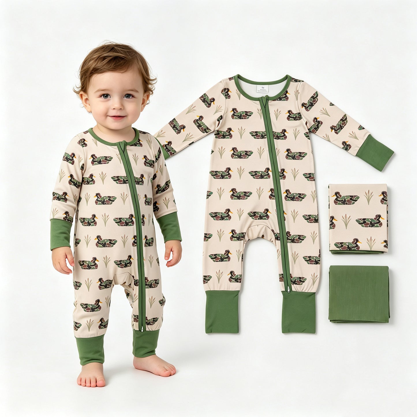 Baby Boys Camo Ducks Hunting Two Way Zip Convertible Rompers