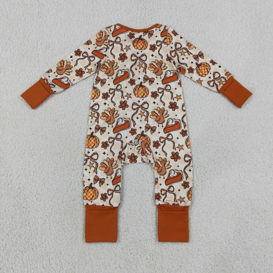 Baby Girls Turkey Pumpkins Bows Thanksgiving Two Way Zip Convertible Rompers