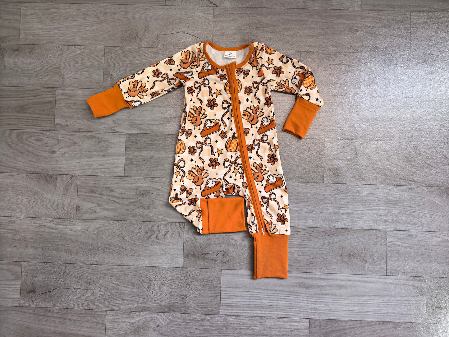 Baby Girls Turkey Pumpkins Bows Thanksgiving Two Way Zip Convertible Rompers Preorder