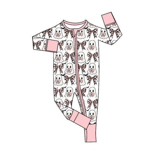 Preorder moq 5 Baby Girls Bows Ghosts Halloween Two Way Zip Convertible Rompers