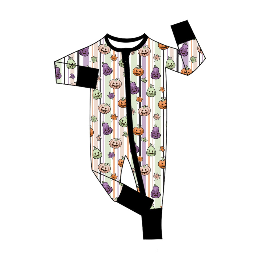 Preorder moq 5 Baby Boys Ghost Pumpkins Stripe Halloween Two Way Zip Convertible Rompers