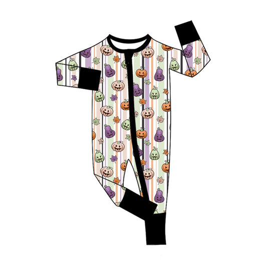 Preorder moq 5 Baby Boys Ghost Pumpkins Stripe Halloween Two Way Zip Convertible Rompers