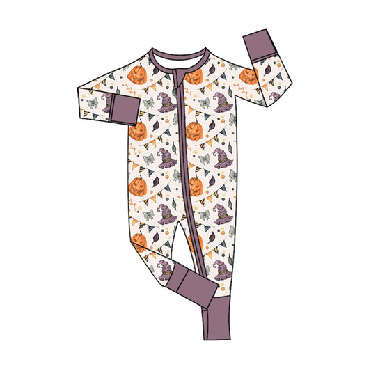 Preorder moq 5 Baby Girls Ghost Pumpkins Bows Halloween Two Way Zip Convertible Rompers