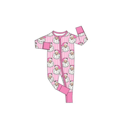 Preorder moq 5 Baby Girls Pink Stripe Santa Christmas Two Way Zip Convertible Rompers