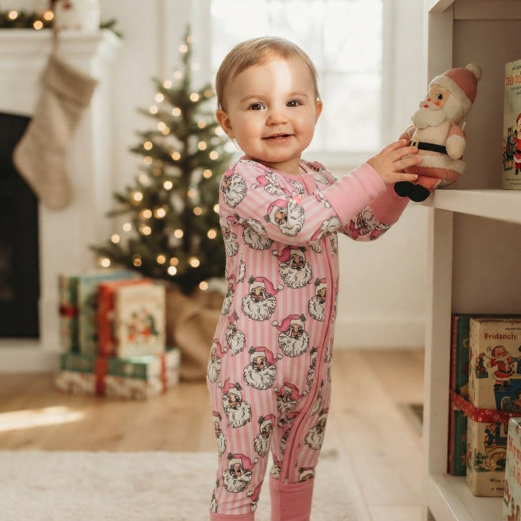 Baby Girls Pink Stripe Santa Christmas Two Way Zip Convertible Rompers