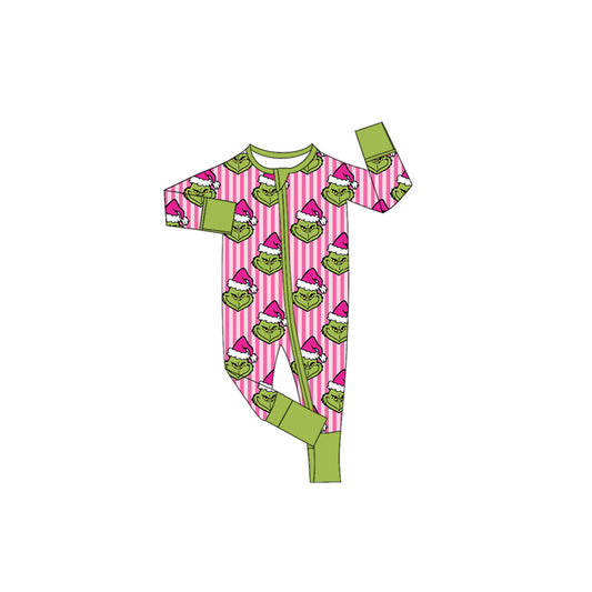 Preorder moq 5 Baby Girls Pink Stripe Frogs Christmas Two Way Zip Convertible Rompers