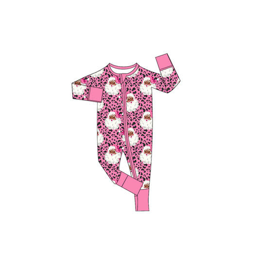 Preorder moq 5 Baby Girls Pink Leopard Santa Christmas Two Way Zip Convertible Rompers