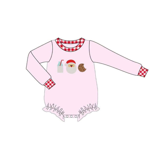 Preorder moq 5 Baby Girls Pink Long Sleeve Santa Milks Christmas Ruffle Rompers