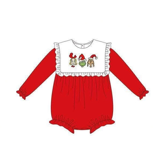 Preorder moq 5 Baby Girls Long Sleeve Green Frogs Christmas Ruffle Rompers