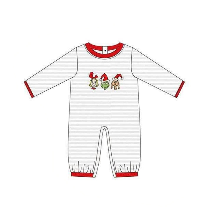 Preorder moq 5 Baby Boys Long Sleeve Green Frogs Christmas Stripe Rompers