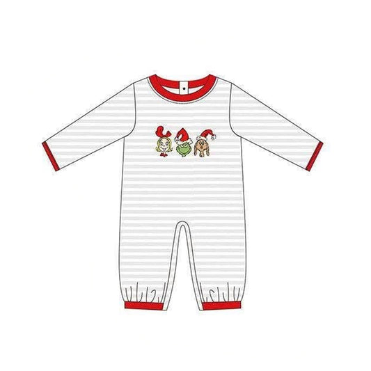 Preorder moq 5 Baby Boys Long Sleeve Green Frogs Christmas Stripe Rompers